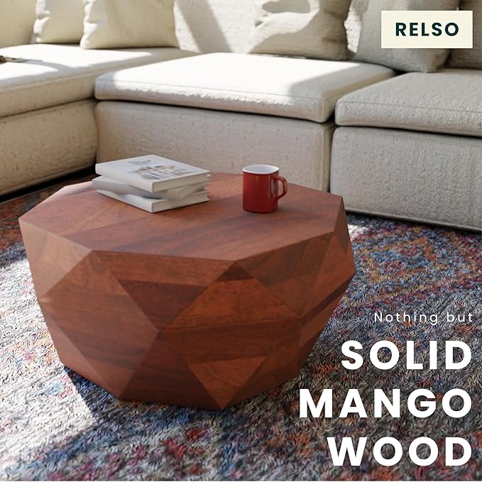 Relso Solid Wood Geometric Faceted Coffee Tables Living Room, Crafted for Versatile Use | Drum Round Shaped | for Living Rooms | Wooden Drum Coffee Table Octavian Table