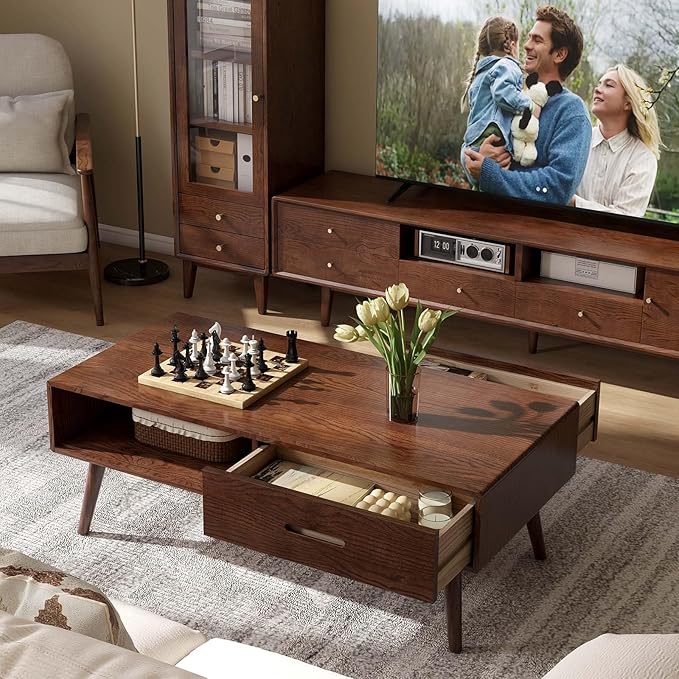 100% Solid Oak Wood Coffee Table for Living Room, Coffee Table with Storage Shelf and 2 Drawers, Mid Century Modern Coffee Tables for Home (Oak Walnut Color, 47.24'' W)