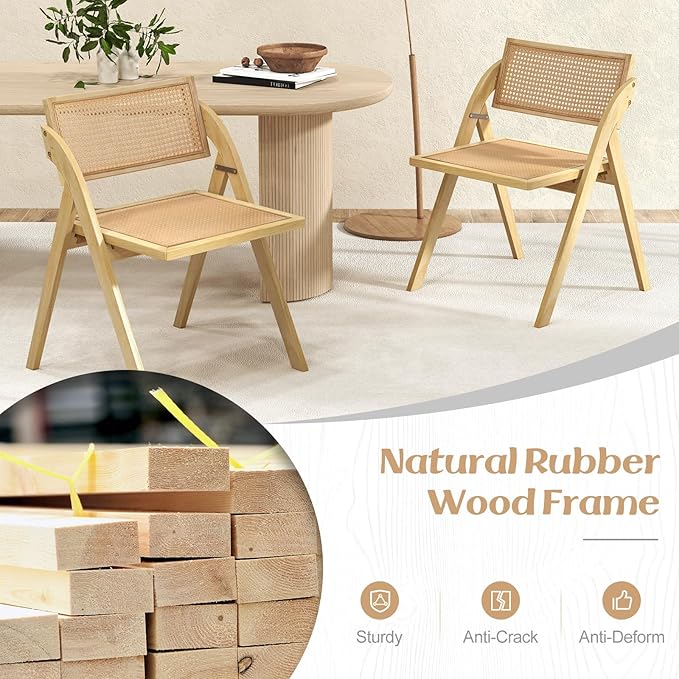 Giantex Folding Dining Chairs Set of 4, Wooden Folding Chair with Rattan Backrest & Seat, Sturdy Rubber Wood Frame, Armless Accent Chairs for Living Room, Kitchen Wedding Party, No Assembly, Natural
