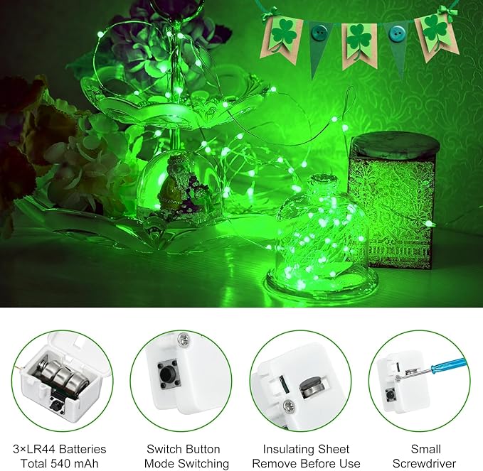 btfarm 12 Pack Fairy Lights Battery Operated [3 Modes], 7ft 20 Led Twinkle Lights String Lights Waterproof Bulk Small Mini Silver Wire for Mason Jars Vases Wedding Table Centerpiece, Green