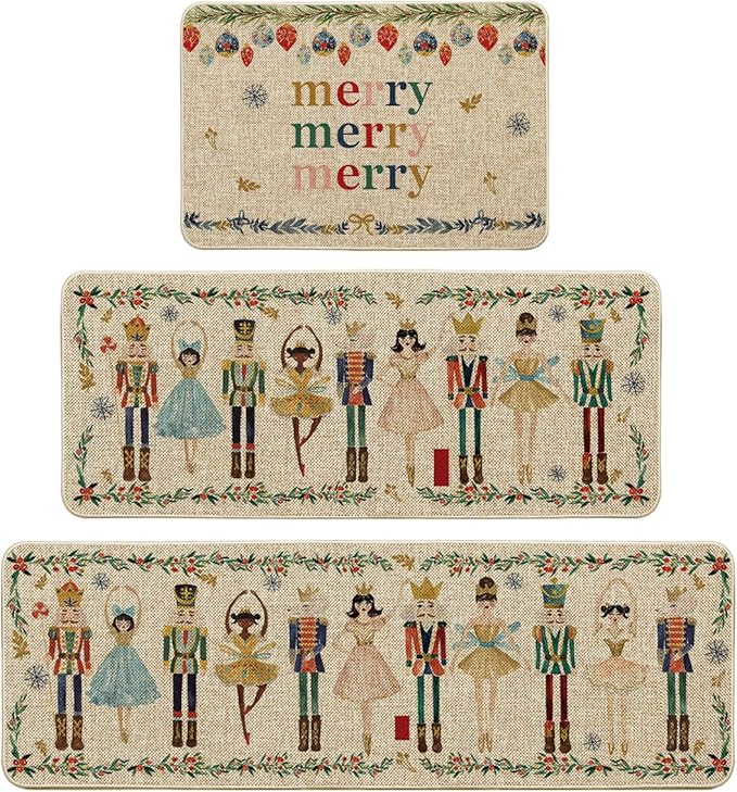 Artoid Mode Watercolor Nutcrackers Merry Christmas Decorative Kitchen Mats Set of 2, Home Party Low-Profile Kitchen Rugs - 24"x36"+24"x59"+24"x72"