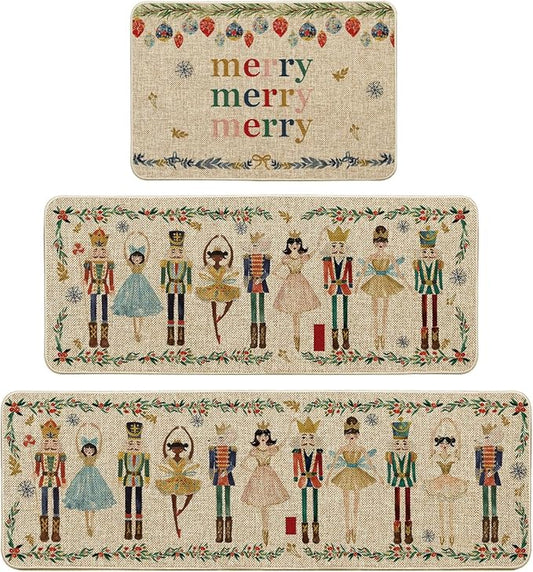 Artoid Mode Watercolor Nutcrackers Merry Christmas Decorative Kitchen Mats Set of 2, Home Party Low-Profile Kitchen Rugs - 24"x36"+24"x59"+24"x72"