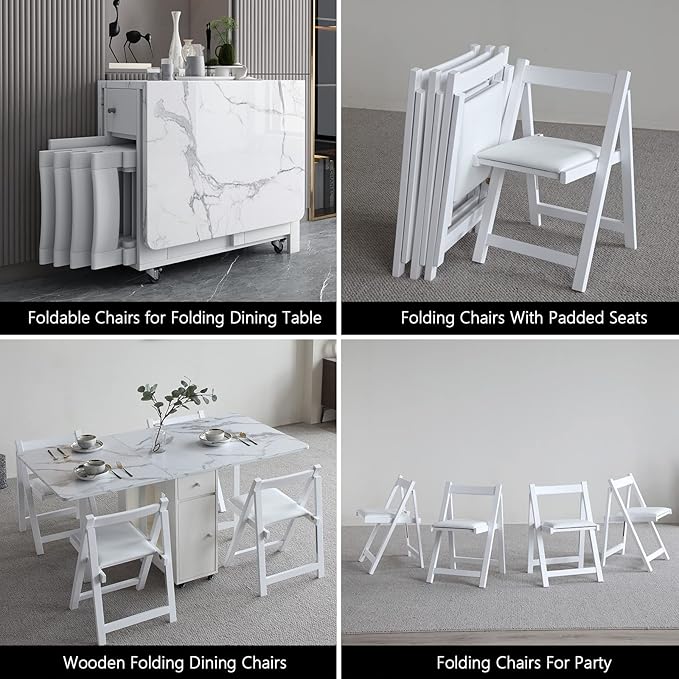 FUNROLUX Folding Dining Chairs with Padded Cushion, Wooden Portable Stackable Foldable Chairs Set of 2 with Solid Wood Frame for Kitchen, Party, RV, No Assembly, White