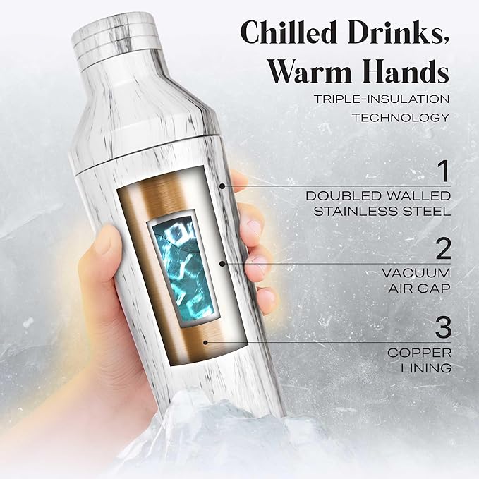 Insulated Cocktail Shaker Set | Double Wall Stainless Steel | Martini Shaker for Home Bar Bartending | Built-in Drink Measurement System & Strainer, Travel Bag, 35 Recipes | Gift Set (Marble)