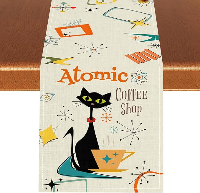 Mid Century Modern Table Runner, Retro 1950s 60s Abstract Style Colorful Black Cat Geometric Atomic Star Coffee Table Center Decor for Home Kitchen Dining Patio Holiday Party Decorations 13x72 inches