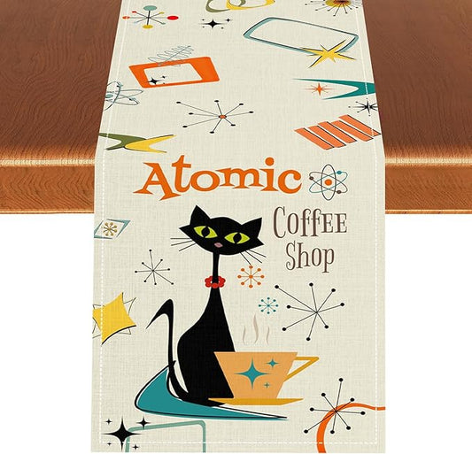 Mid Century Modern Table Runner, Retro 1950s 60s Abstract Style Colorful Black Cat Geometric Atomic Star Coffee Table Center Decor for Home Kitchen Dining Patio Holiday Party Decorations 13x72 inches