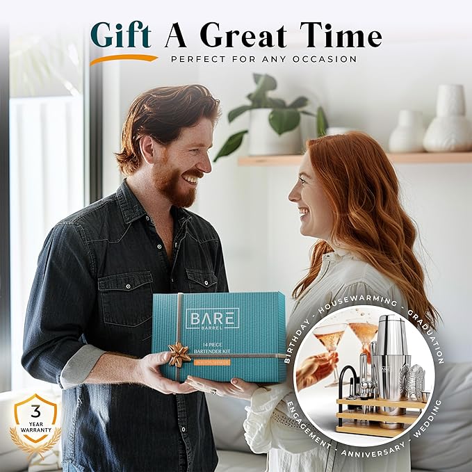 BARE BARREL® Mixology Bartender Kit Bar Set | 14-Piece Cocktail Shaker Set | Martini Barware Mixing Tools for Home Bartending | 35 Recipe Cards | Gift Set (28oz Boston Shaker, Silver/Natural)