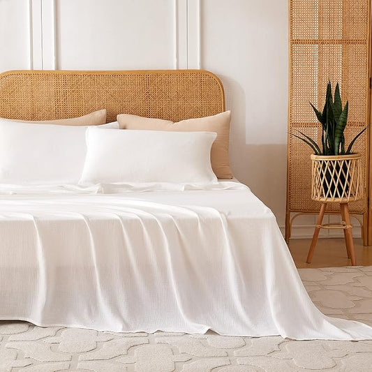 Twin Sheets Set 100% Cotton Bed Sheets 3 Pcs Linen Like White Fall Sheet 16" Deep Pocket Sheet & Pillowcase Sets Boho Muslin Soft Twin All Season Bedding Sets Easy Care