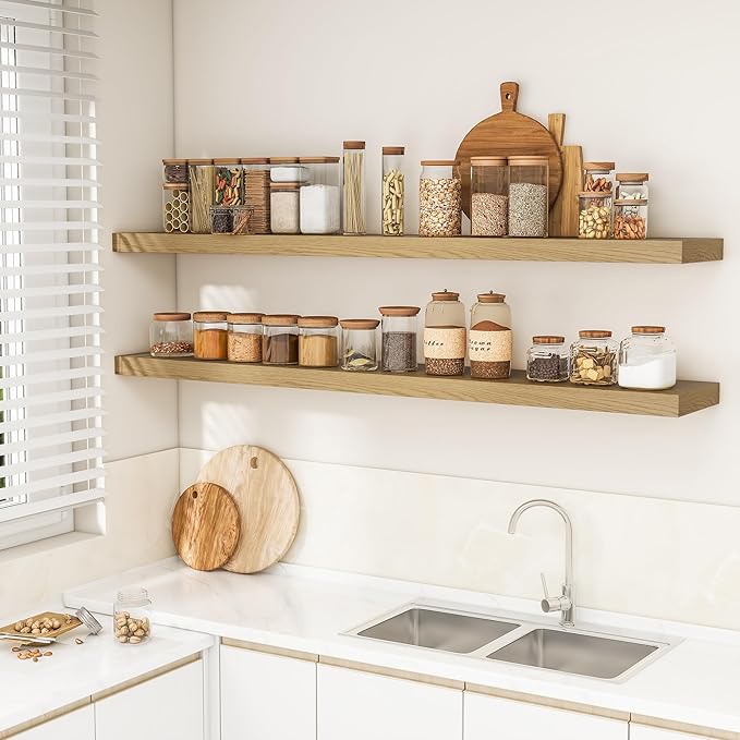 RICHFOCUS 72Inch Floating Shelves for Wall 2 Pack Shelves for Bedroom|Kitchen|Bathroom Wall Mounted Rustic Wood Floating Shelf with Invisible Brackets for Books|Storage|Decor, Oak