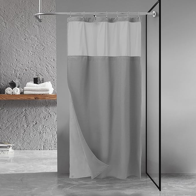 N&Y HOME Stall Waffle Shower Curtain with Snap-in Fabric Liner & Hooks Set - 36" x 72" Small Shower Stall Size, Hotel Style & Mesh Top Window, Machine Washable - 36x72, Gray
