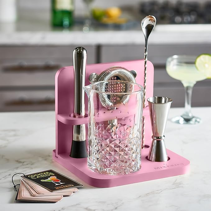 Crystal Cocktail Mixing Glass Set with Bamboo Stand - 22 Oz 650ml - Thick and Sturdy Bottom, Durable and Seamless Design with Bar Accessories, Pink