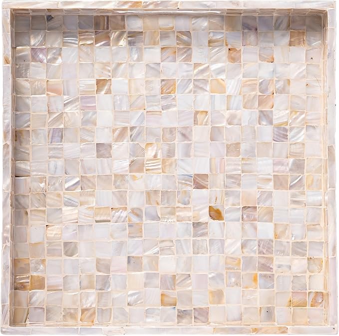 PEMAR 12.2" Square Serving Tray Mother of Pearl Nacre Wood Lap Ottoman Tray for Coffee Table, Luxury Decorative Handmade Eating Platters w Insert Handles (White Cream Squares Pattern)