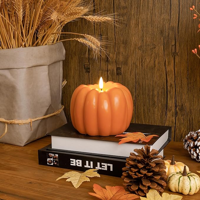 Fall Flameless Led Pumpkin Candles with Remote, Real Wax Pumpkin Shaped Battery Operated Flickering Candles with Timer for Thanksgiving Decor, Fall Home Decor, Halloween Decorations, Orange
