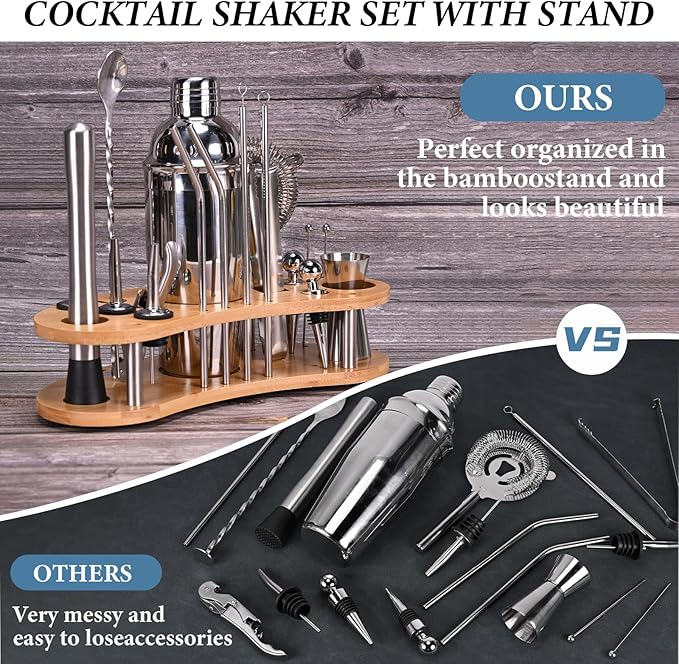 Cocktail Shaker Set, 19 Piece Bartender Kit, Silver, Bar Tool Set with Cocktail Shaker, Mixer Spoon, Measuring Cup, Strainer, Muddler, Corkscrew, Tongs