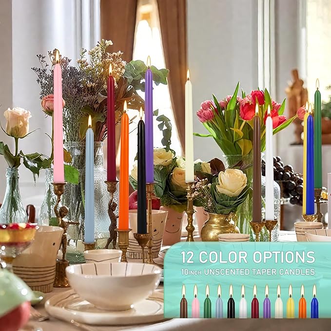24 Colored Taper Candles, 7-8 Hours Burn Time, Unscented, Smokeless and Dripless, 0.75 x 10 Inch Dinner Candle Set for Household, Wedding, Party and Home Décor Candlesticks