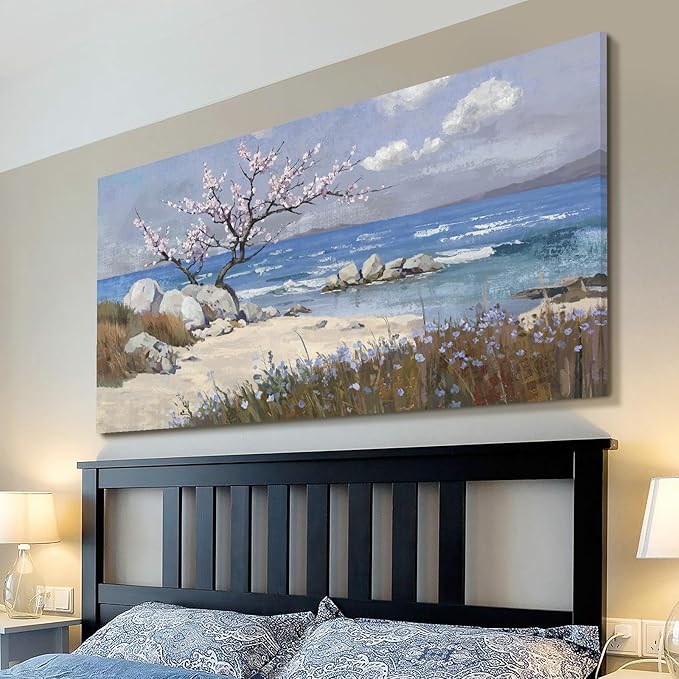 amatop Extra Large Coastal Canvas Wall Art for Living Room Abstract Blue Ocean Beach Seascape Picture Pink Flower Tree of Life Print Wildflower Botanical Nature Artwork Bedroom Office Decor 58x29 In