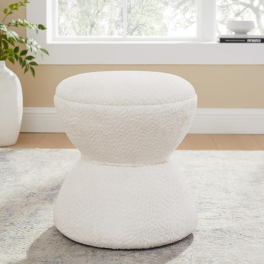 VANOMi Multi-Functional Boucle Ottoman, Vanity Stool Chair, Sturdy Rotating Wooden Footstool, Suitable for Living Room, Bedroom, and Entryway, Without Installation, Swivel, White