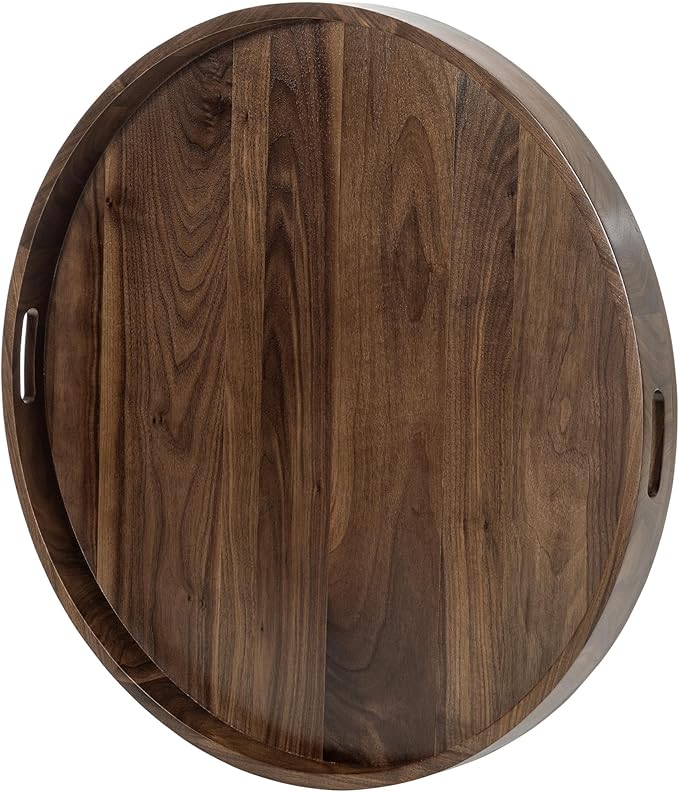 28x 28 inches King Sized Round Ottoman Table Tray, Oversized Solid Wooden Black Walnut Decorative Serving Tray with Handles, Extra Large Circle Platter for Oversized Ottoman Bed