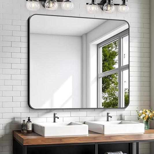 KOCUUY Bathroom Mirror 36"x40", Black Rectangle Mirrors for Wall, Large Metal Framed Vanity Mirror with Rounded Corner for Bedroom Living Room and Entryways Hangs Horizontal/Vertical