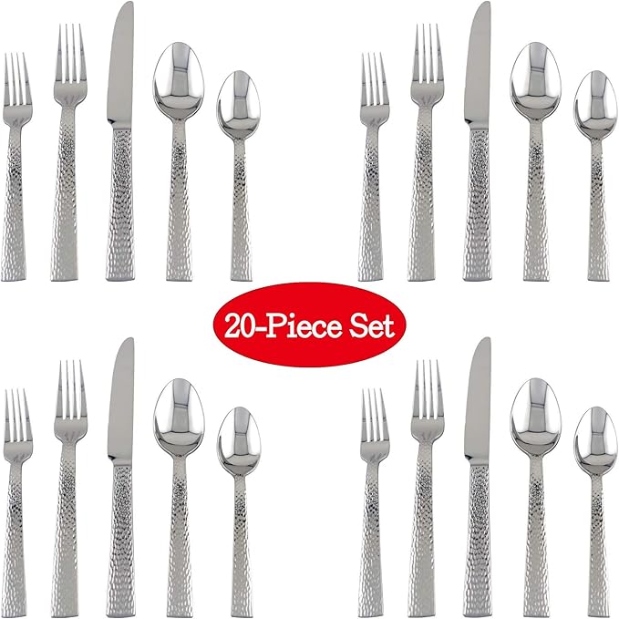 Supreme Housewares 20-Piece 18/8 Stainless Steel Flatware Set, Service for 4, Include Knives Forks Spoons Teaspoons Salad Forks, Mirror Polished, Dishwasher Safe (Hammered)