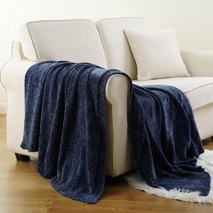 BATTILO HOME Navy Throw Blanket for Couch, Dark Blue Throw Blankets for Sofa, Chair, Living Room, Chenille Knit Throw Blankets for Bed Living Room Home Decor, 51"x67"