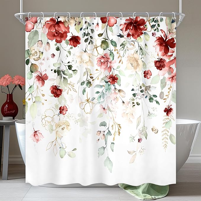 Spring Yellow Pink Floral Shower Curtain 60Wx72L Inch Rustic Watercolor Pastel Flower Eucalyptus Leaf Bathroom Set Shabby Country Plant Botanical Bath Curtain Bathtub Accessories Home Decor
