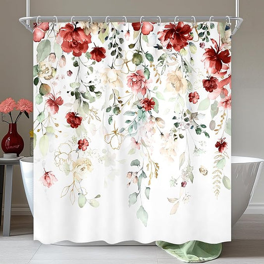 Spring Yellow Pink Floral Shower Curtain 60Wx72L Inch Rustic Watercolor Pastel Flower Eucalyptus Leaf Bathroom Set Shabby Country Plant Botanical Bath Curtain Bathtub Accessories Home Decor