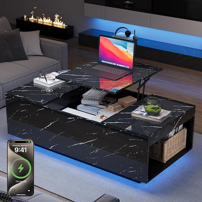 LED Coffee Table, 47.2" Lift Top Coffee Tables with Drawers and Large Storage, Smart Living Room Table with Wireless Charging & Bluetooth Speaker, Dining Center Tables with Storage Shelf