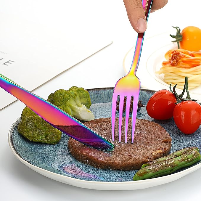 60 Pieces Rainbow Silverware set for 12, Compralo Colorful Stainless Steel Flatware Cutlery Set, Kitchen Utensils Set Include Knife Fork Spoon, Tableware Set With Titanium Plated, Dishwasher Safe