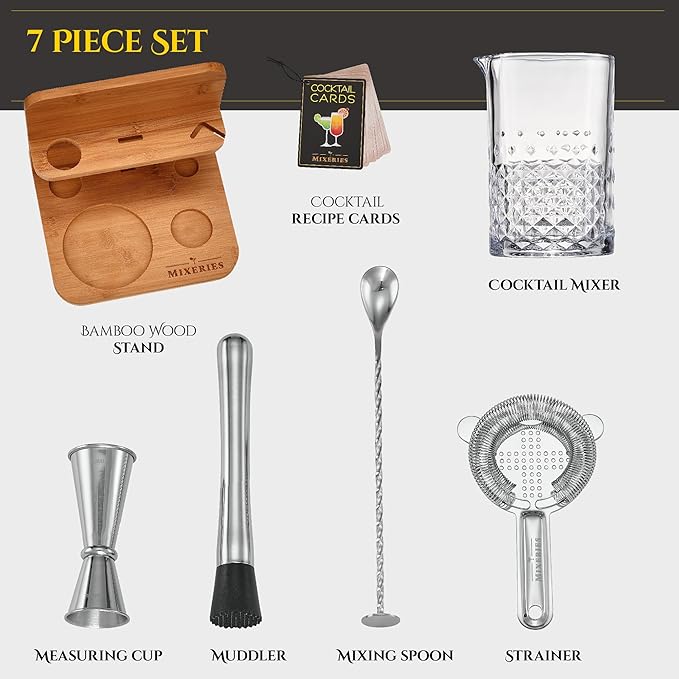 Crystal Cocktail Mixing Glass Set with Bamboo Stand - 22 Oz 650ml - Thick and Sturdy Bottom, Durable and Seamless Design with Bar Accessories Gift Set