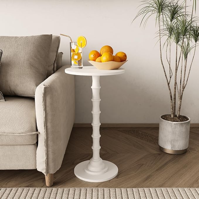 Round Side Table, Modern Drink Table for Small Spaces, Small End Table with Solid Wood Leg for Living Room, Bedroom, Corners, and Office (White)