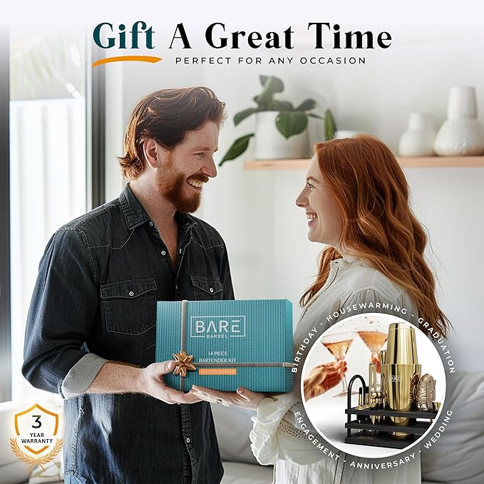 BARE BARREL® Mixology Bartender Kit Bar Set | 14-Piece Cocktail Shaker Set | Martini Barware Mixing Tools for Home Bartending | 35 Recipe Cards | Gift Set (28oz Boston Shaker, Gold/Black)