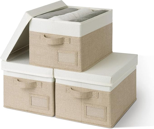 GRANNY SAYS Storage Basket with Lid, Linen Fabric Storage Bins for Shelves, Decorative Storage Boxes, Clothes Storage and Organization, Memory Keepsake Box, 3-Pack, Khaki&Ivory