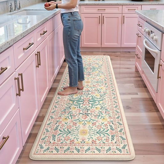 Collive Kitchen Mats for Floor, Cushioned Anti Fatigue Mat Pink Floral Rugs Non Skid Waterproof Sink Rug, Memory Foam Comfort Standing Mat for Office, Laundry, Desk, 2'x6'