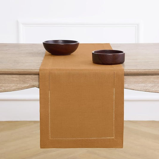 Solino Home Linen Brown Sugar Table Runner 108 Inches Long - 100% Pure Linen 14 x 108 Inch Table Runner for Fall, Autumn, Thanksgiving - Classic Hemstitch