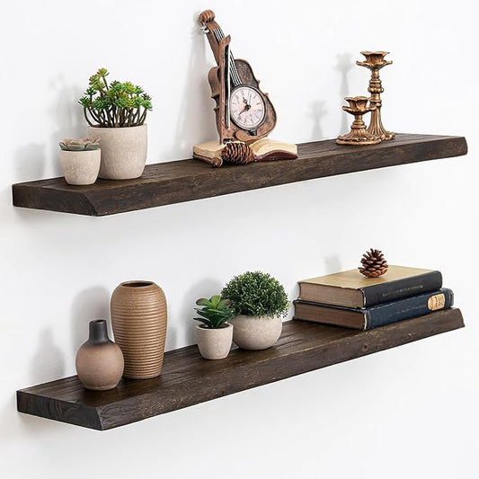Floating Shelves, 8" Deep Rustic Solid Wood Wall Mounted Floating Shelves, Wall Shelves with Invisible Bracket for Living Room Bathroom Bedroom Kitchen, 36 Inch Set of 2, Walnut