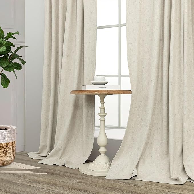100% Blackout Neutral Curtains for Living Room 96 Inches Long 8 ft Faux Linen Rustic Country Drop Cloth Drape Dark Out Curtain for Bedroom Thermal Insulated 52x96 Floor to Ceiling Length 2 Panel Beige