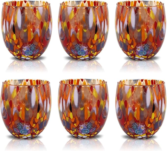 MAZZEGA ART & DESIGN - Set of 6 Handcrafted Blown Glass Water Glasses with Refined and Original Murano Murrine - The Colors of Murano - 'Classic 9,8 oz' Model. Made in Italy (6, Red)