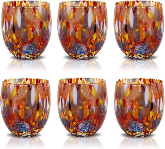 MAZZEGA ART & DESIGN - Set of 6 Handcrafted Blown Glass Water Glasses with Refined and Original Murano Murrine - The Colors of Murano - 'Classic 9,8 oz' Model. Made in Italy (6, Red)