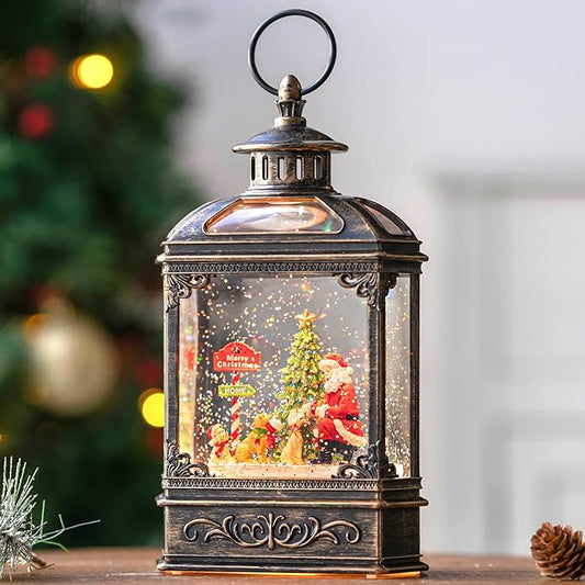 Snow Globe Lighted Christmas Decorations, Santa Claus & Pups Musical Water Lantern with Swirling Glitter, Christmas Holiday Party Gifts and Decorations
