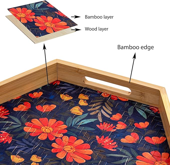 PEMAR 15.7" Hexagonal Bamboo Tray for Serving Coffee, Breakfast, Bread, Food, Art Decor. Decorative Pattern Tray for Coffee Table, Kitchen Counter, Vanity, Bedroom, Ottoman, Home Decor (Flowers)