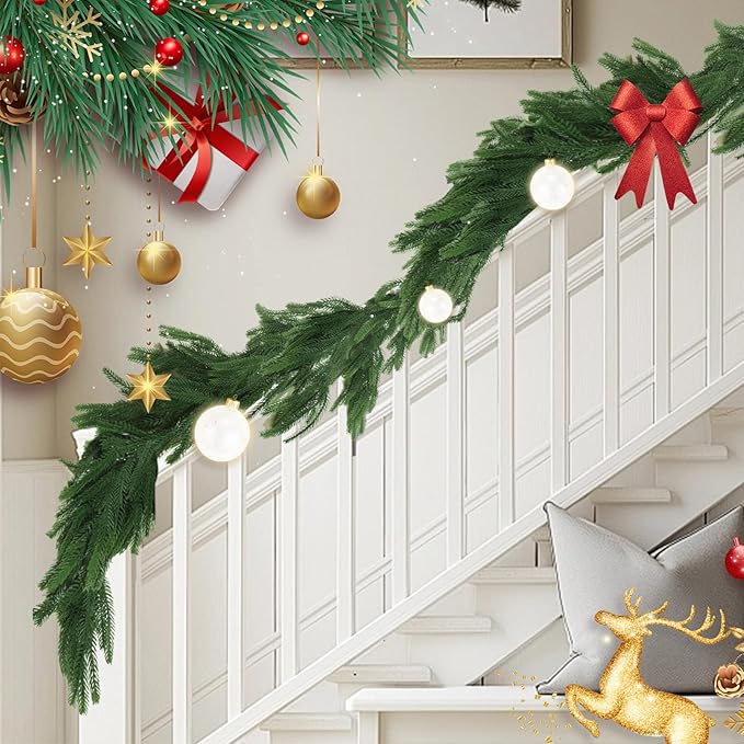 2 Pcs 6 Ft Artificial Norfolk Pine Christmas Garlands for Holiday Indoor Outdoor Decor，Real Touch Pine Garlands，Artificial Greenery Garland for Home Dining Table，Mantel，Wall Porch Christmas Decor. ﻿