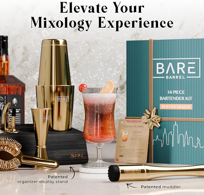 BARE BARREL® Mixology Bartender Kit Bar Set | 14-Piece Cocktail Shaker Set | Martini Barware Mixing Tools for Home Bartending | Incl. 35 Recipe Cards | Gift Set (28oz Boston Shaker, Gold/Black)