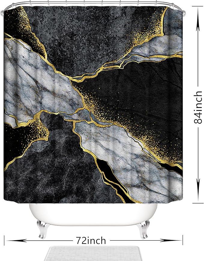 Domoku Black Gold Marble Shower Curtain, Modern Abstract Shower Curtain for Bathroom Decor, Waterproof Washable Fabric, 72 X 84