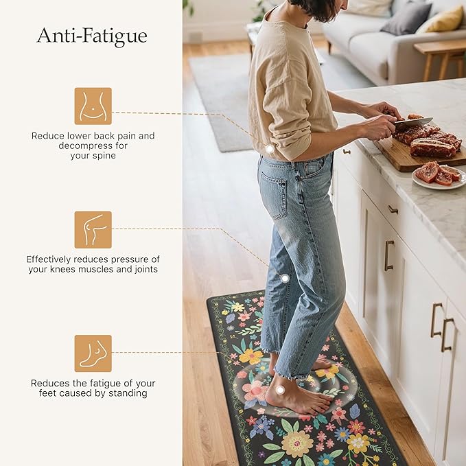 GENIMO Kitchen Mats for Floor 2PCS, Cushioned Kitchen Rugs Non Slip Washable, Farmhouse Anti Fatigue Mat Waterproof, Comfort Standing Mat Rug for Office, Home, Laundry, Sink, 20"x48"+20"x32", Black