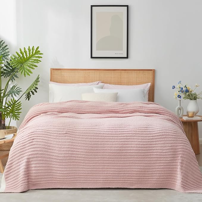 Snuggle Sac Luxury King Size Blanket for Bed, Cozy Soft Fuzzy Microfiber Knit Stripe Bedding Blankets, Pink, 108x90 inches