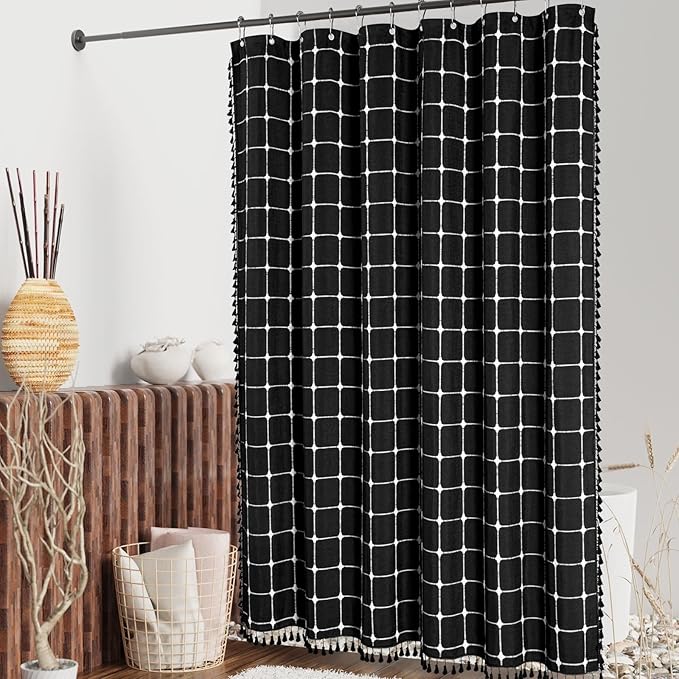 MitoVilla Boho Farmhouse Shower Curtain Set 72 x 78, Black 78 inch Long Polyester Linen Tassel Fabric Shower Curtain Set for Chic Cottagecore French Rustic Bathroom Decor