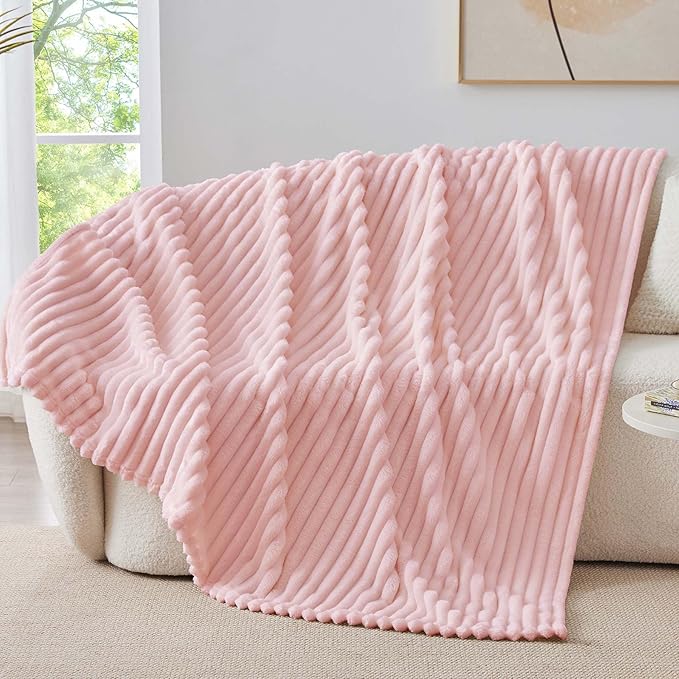 BEDELITE Fleece Throw Blanket for Couch - 300GSM Soft & Warm Fluffy Pink Blanket, Decorative and Giftable Striped Blankets for Women, Men, 50"x60"