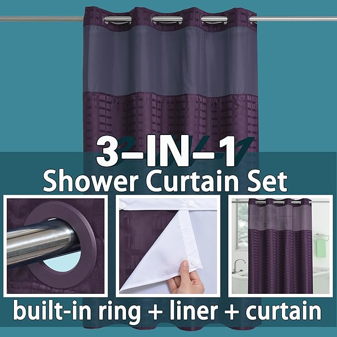 Conbo Mio Stall No Hook Shower Curtain with Snap in Liner Set, Hotel Luxury Purple Shower Curtains for Bathroom with See Through Top Window, Waterproof, Washable 54W x 74H