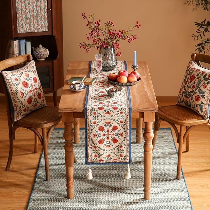 patdrea Designer Vintage Bright Farmhouse Extra Long Linen Table Runner 118 Inch Long, Maroon Floral Pattern Table Mat, Decor for Kitchen Dining Coffee Table Cabinet Banquet Christmas ,16"*118"